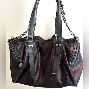 Ash Leather Black Wine Metallic Satchel Chain Bag RARE!